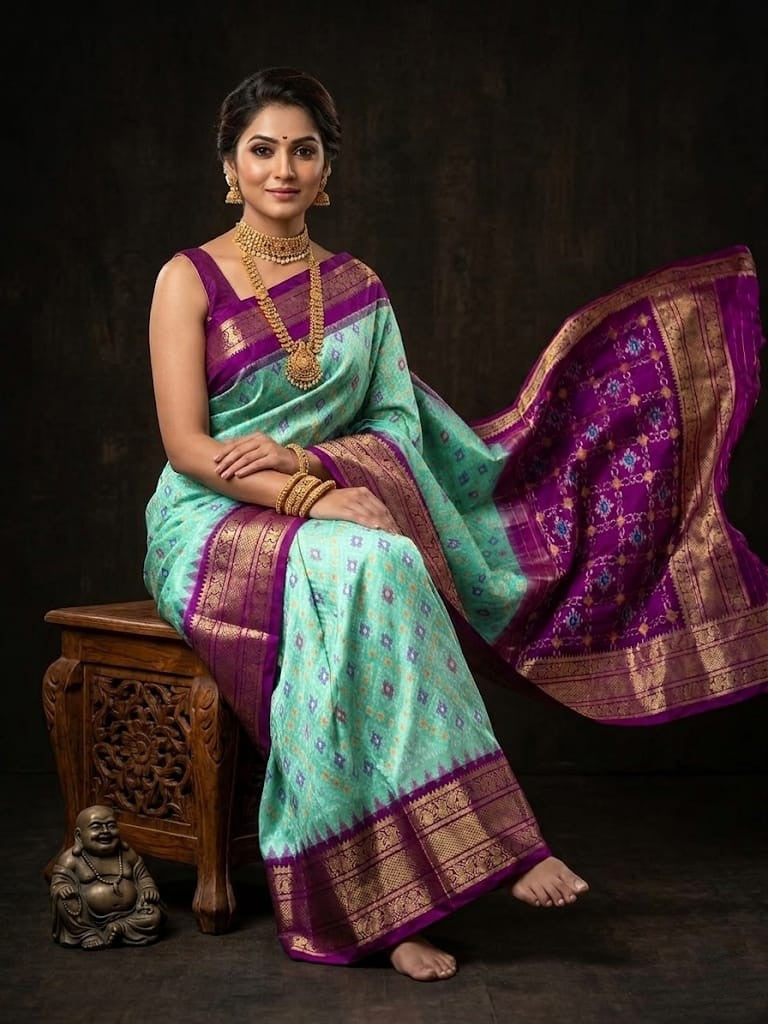 Mint Green Handloom Pattu Silk Saree with Purple Royal Designer Pallu