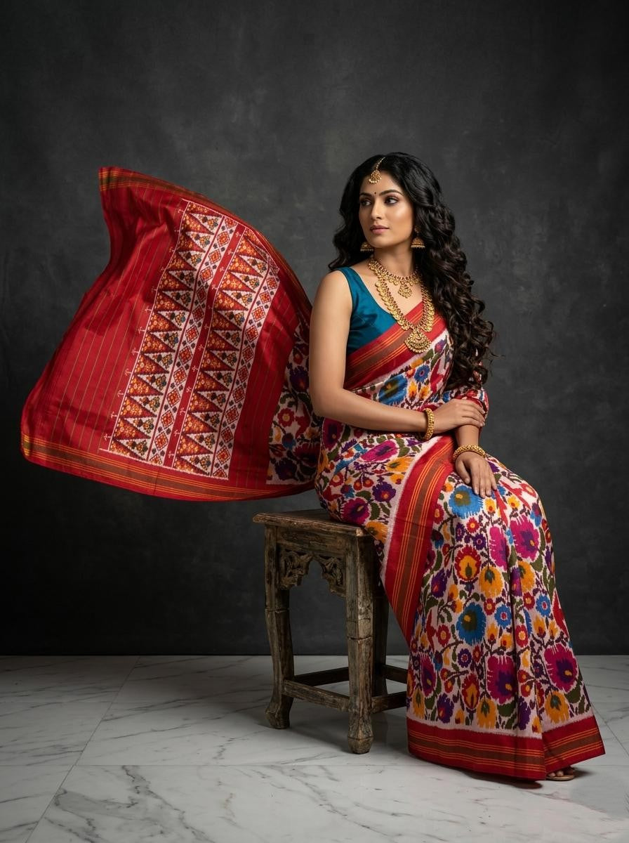 Multicolor Barista Soft Silks Saree with Red Ethnic Pallu