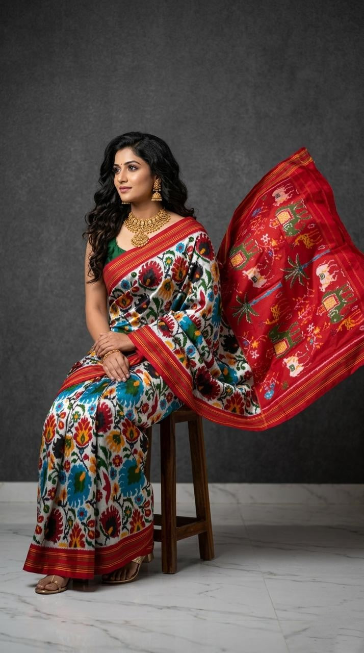 Multicolor Barista Soft Silks Saree with Red Floral Designer Pallu