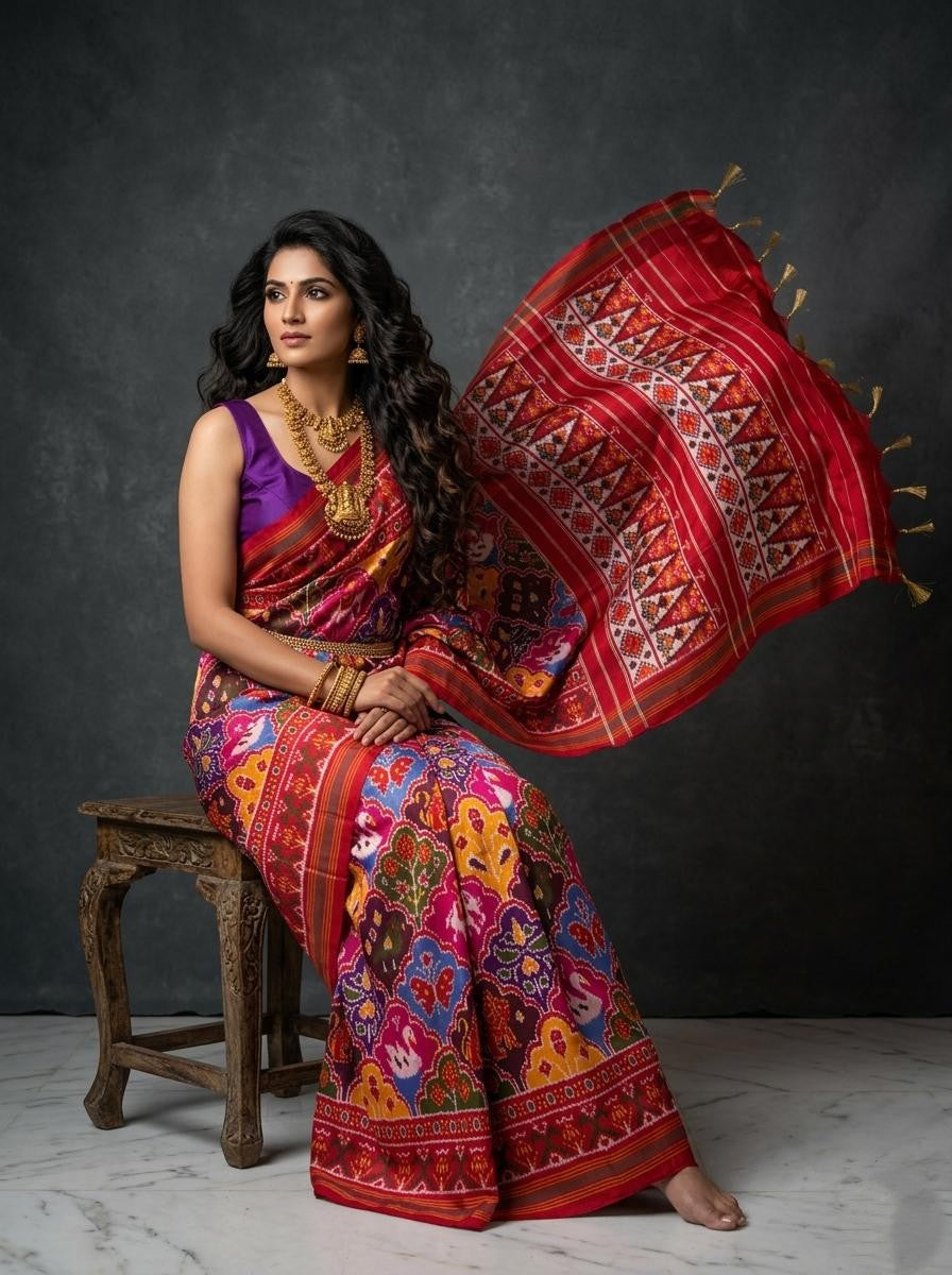 Multicolor Barista Soft Silks Saree with Red Traditional Ethnic Print