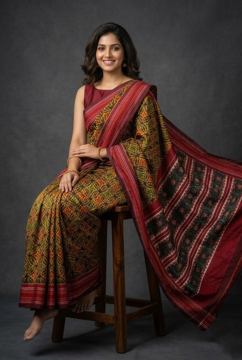 Multicolor Barista Soft Silks Saree with Red Traditional Ikat Weaving