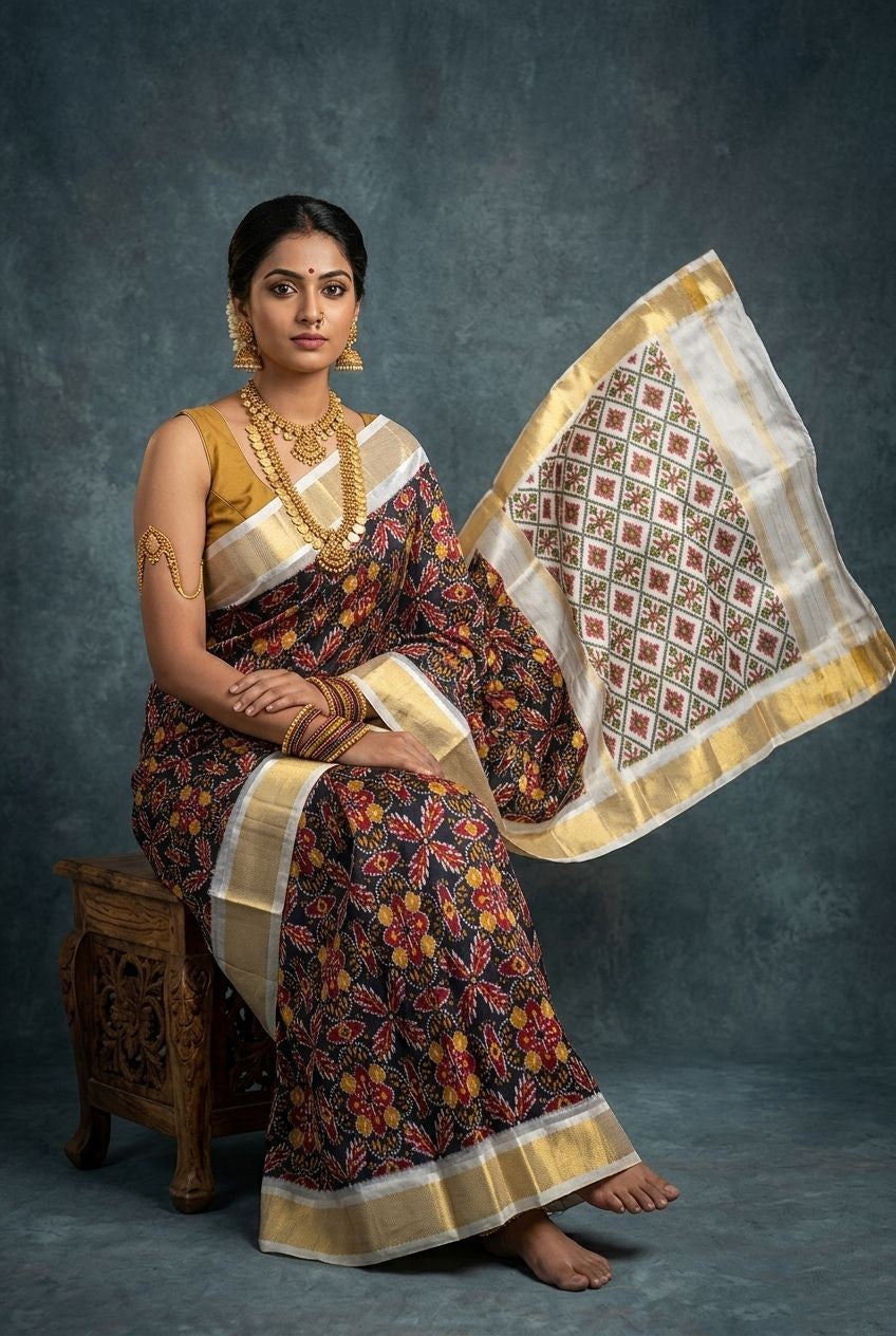 Multicolor Bentex Handloom Silk Saree with Beige Traditional Printed Pallu