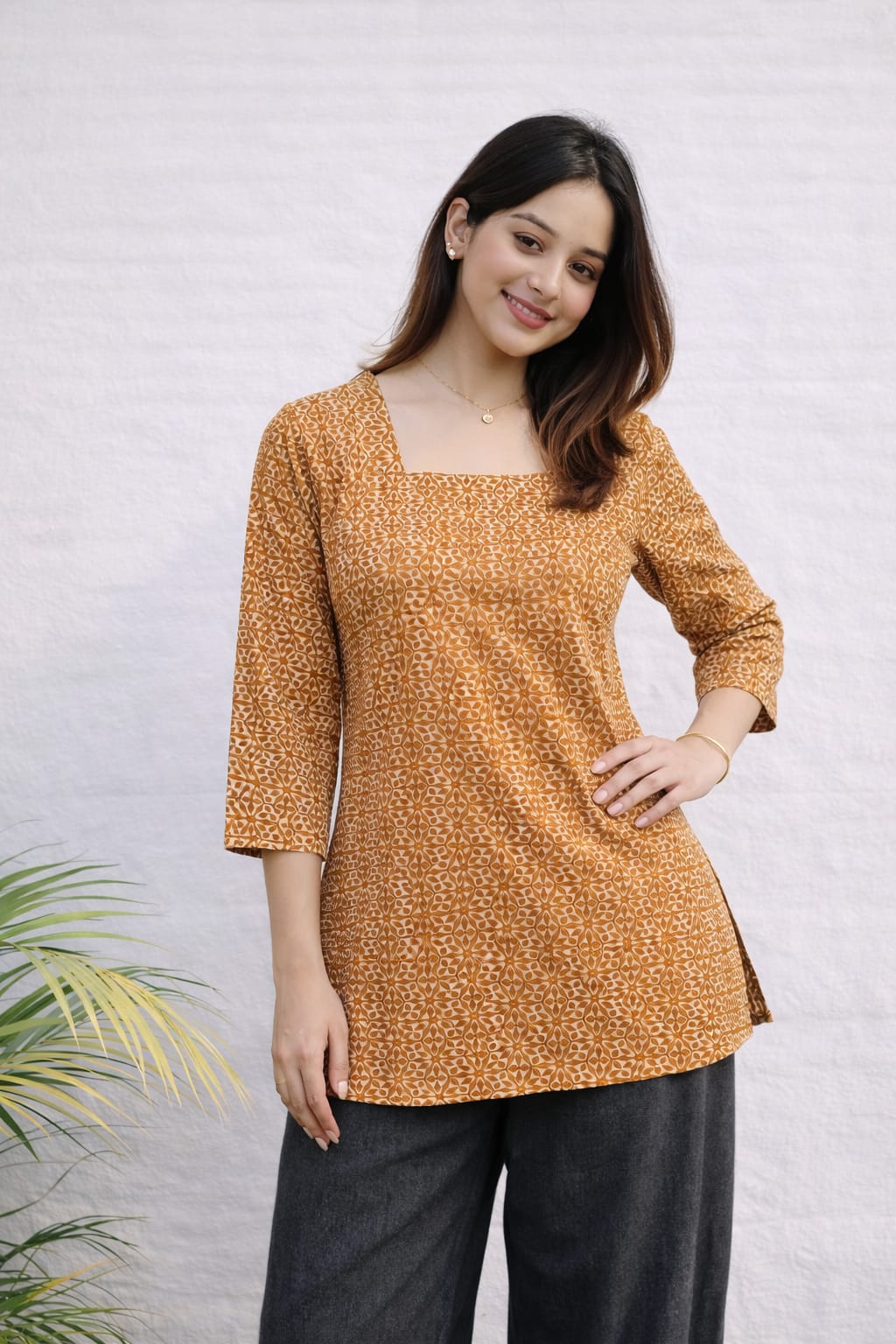 Mustard Brown Geometric Print Short Kurti for Women | Pure Cotton Ethnic Top | Daily Wear