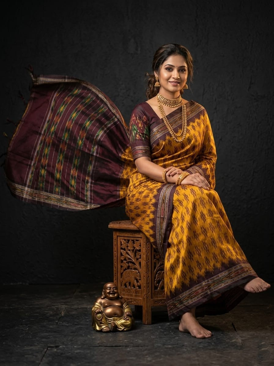 Mustard Yellow Barista Soft Silks Saree with Multicolor Ethnic Weaving