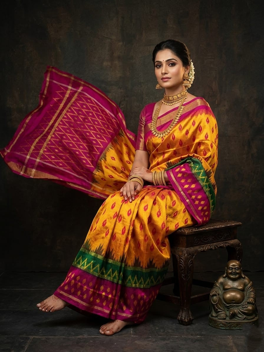 Mustard Yellow Barista Soft Silks Saree with Pink Contrast Designer Border