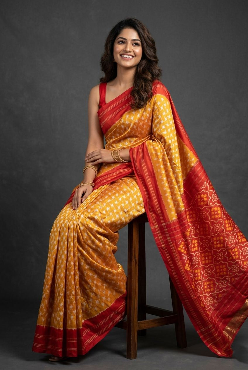 Mustard Yellow Barista Soft Silks Saree with Red Artistic Designer Pallu