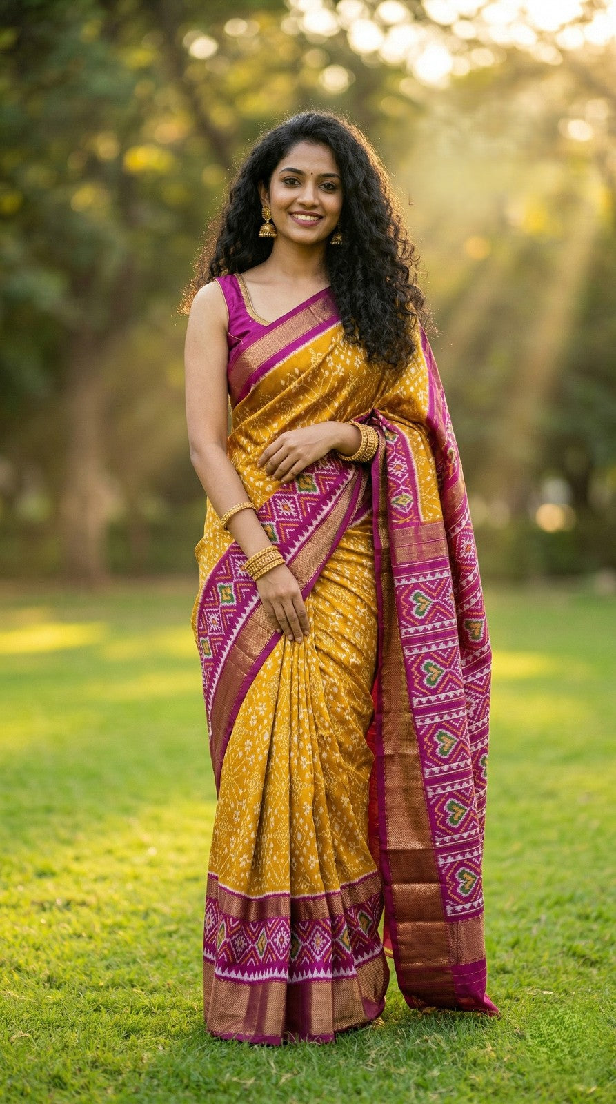 Mustard Yellow Bentex Handloom Silk Saree with Pink Ethnic Woven Pallu