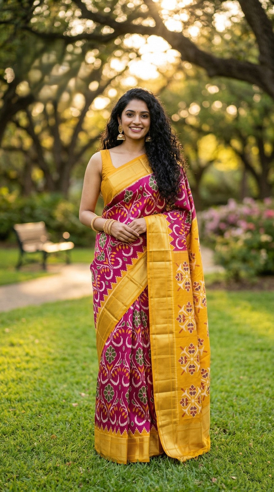 Mustard Yellow Bentex Handloom Silk Saree with Pink Traditional Woven Pallu