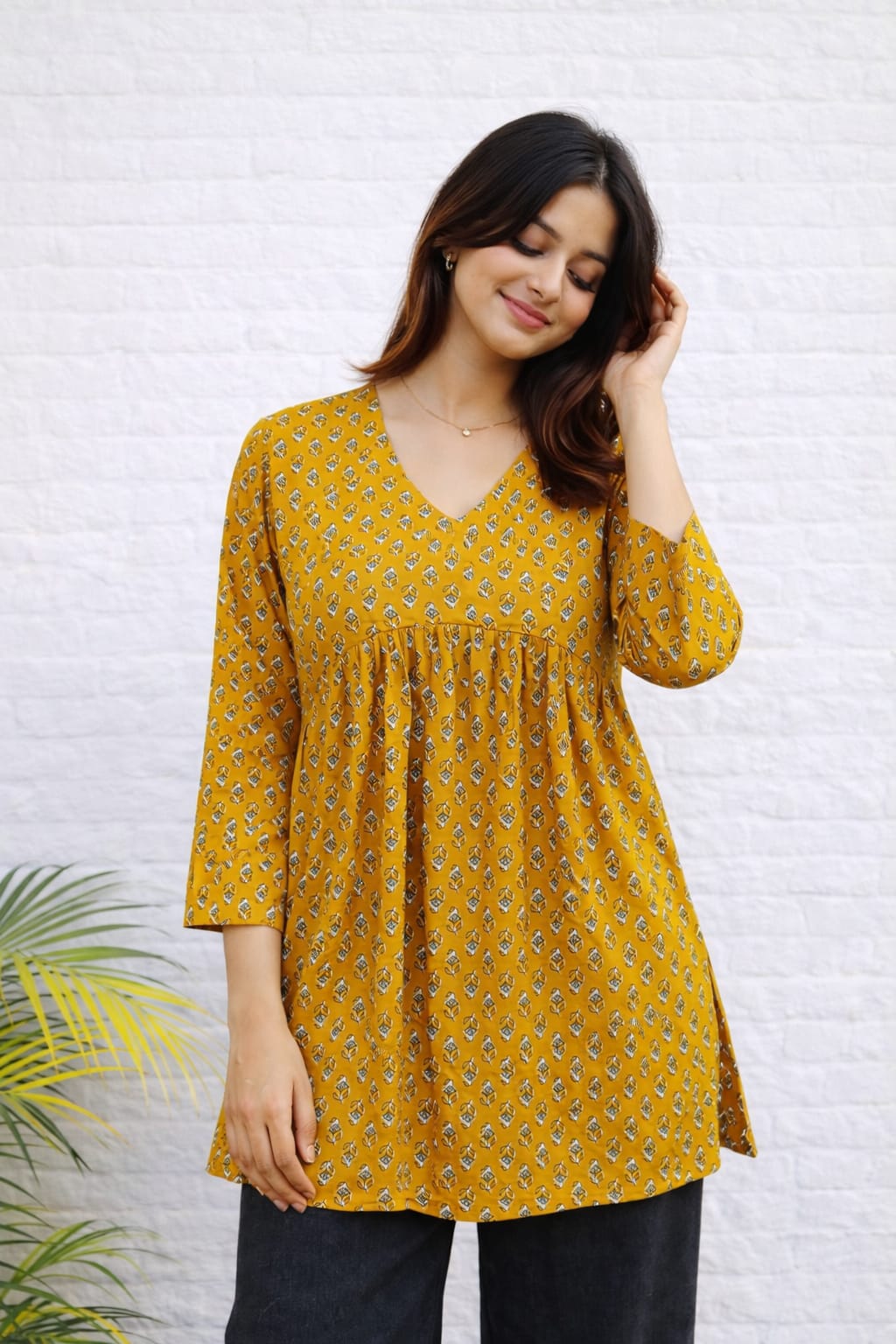 Mustard Yellow Printed Cotton Short Kurti for Women  Soft & Breathable Fabric  Casual Wear