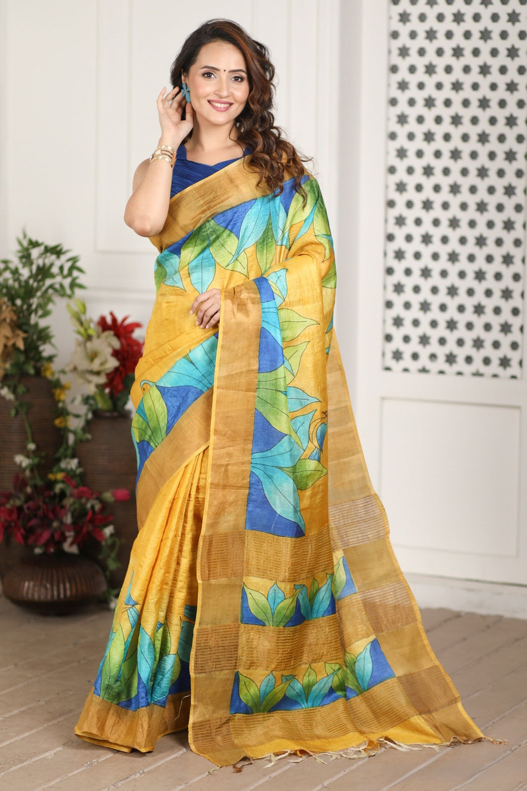 Handcrafted Tussar Silk Saree with Authentic Kalamkari Print And Fashion Blouse