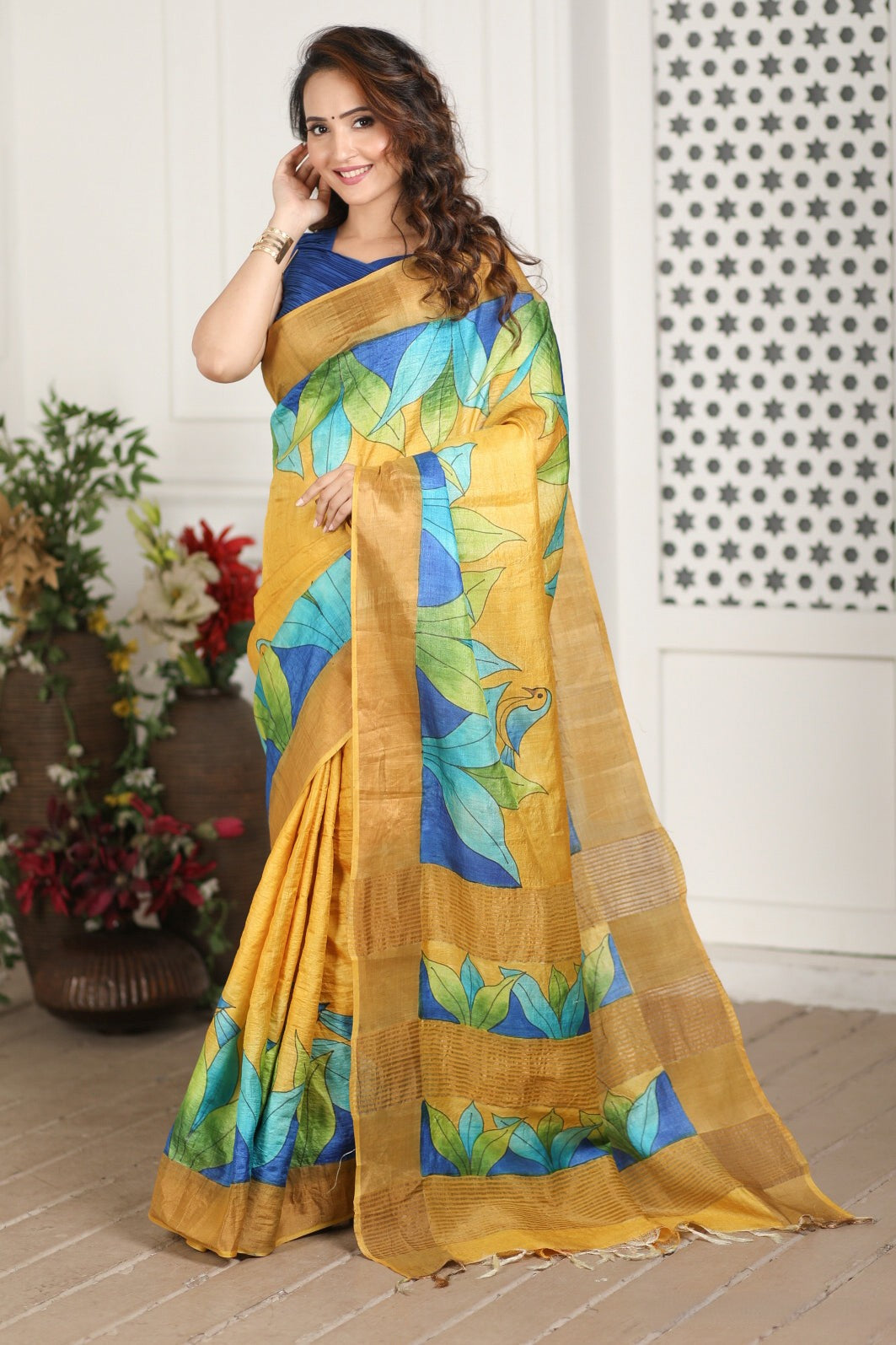 Handcrafted Tussar Silk Saree with Authentic Kalamkari Print And Fashion Blouse