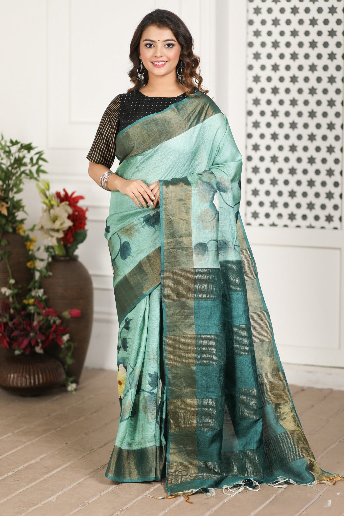 Authentic Tussar Silk Kalamkari Saree Handloom Weave with Fancy Blouse Piece