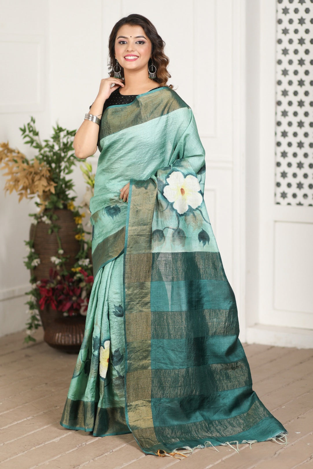 Authentic Tussar Silk Kalamkari Saree Handloom Weave with Fancy Blouse Piece