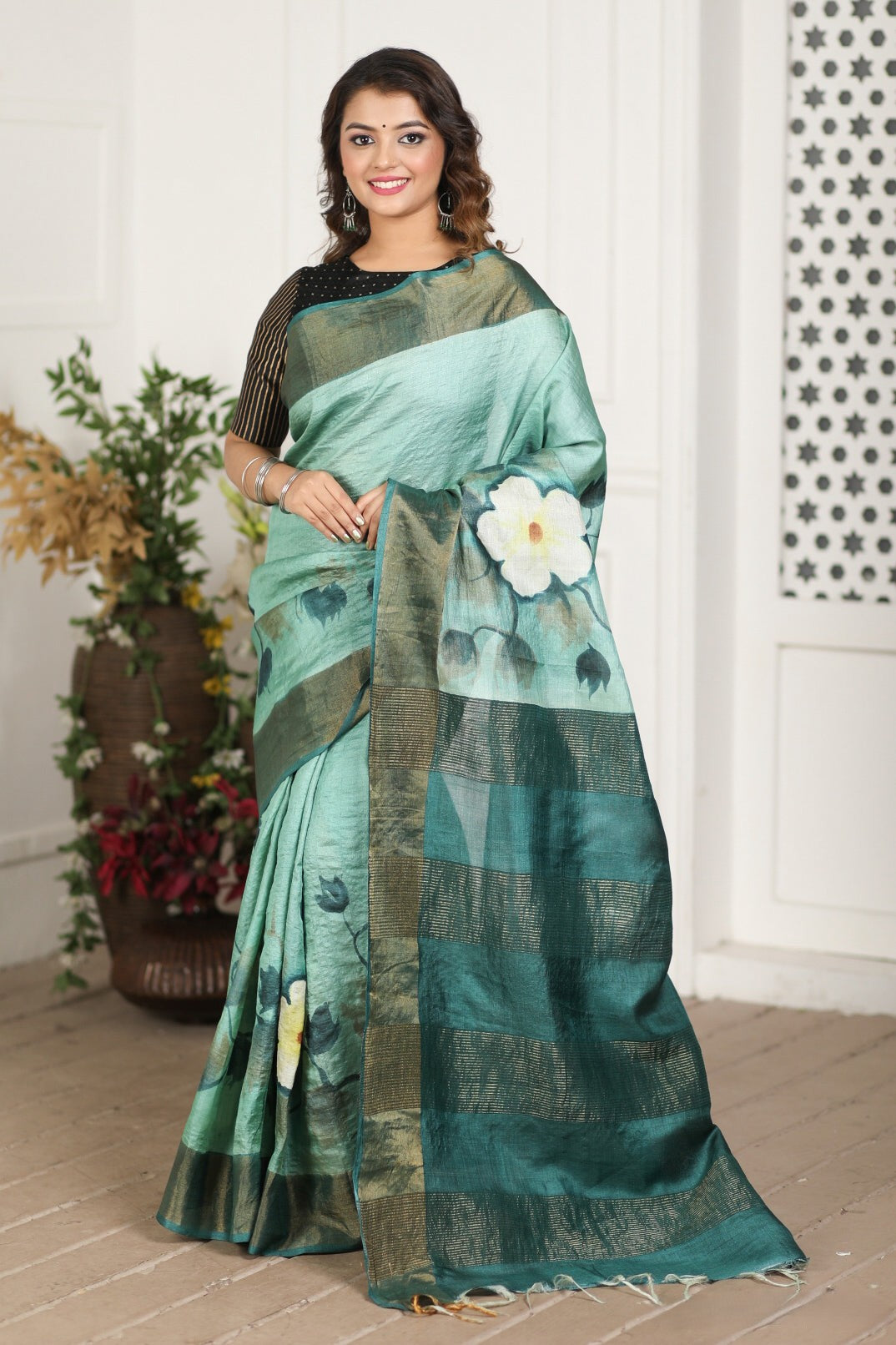 Authentic Tussar Silk Kalamkari Saree Handloom Weave with Fancy Blouse Piece