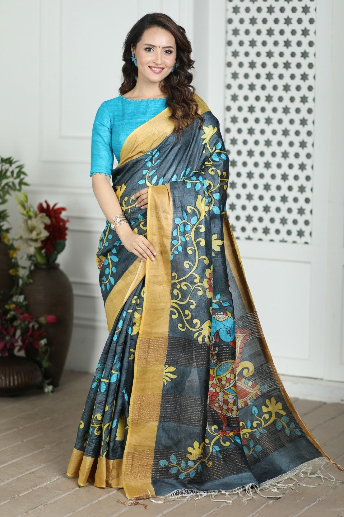 Artistic Handloom Tussar Silk Saree with Kalamkari Work