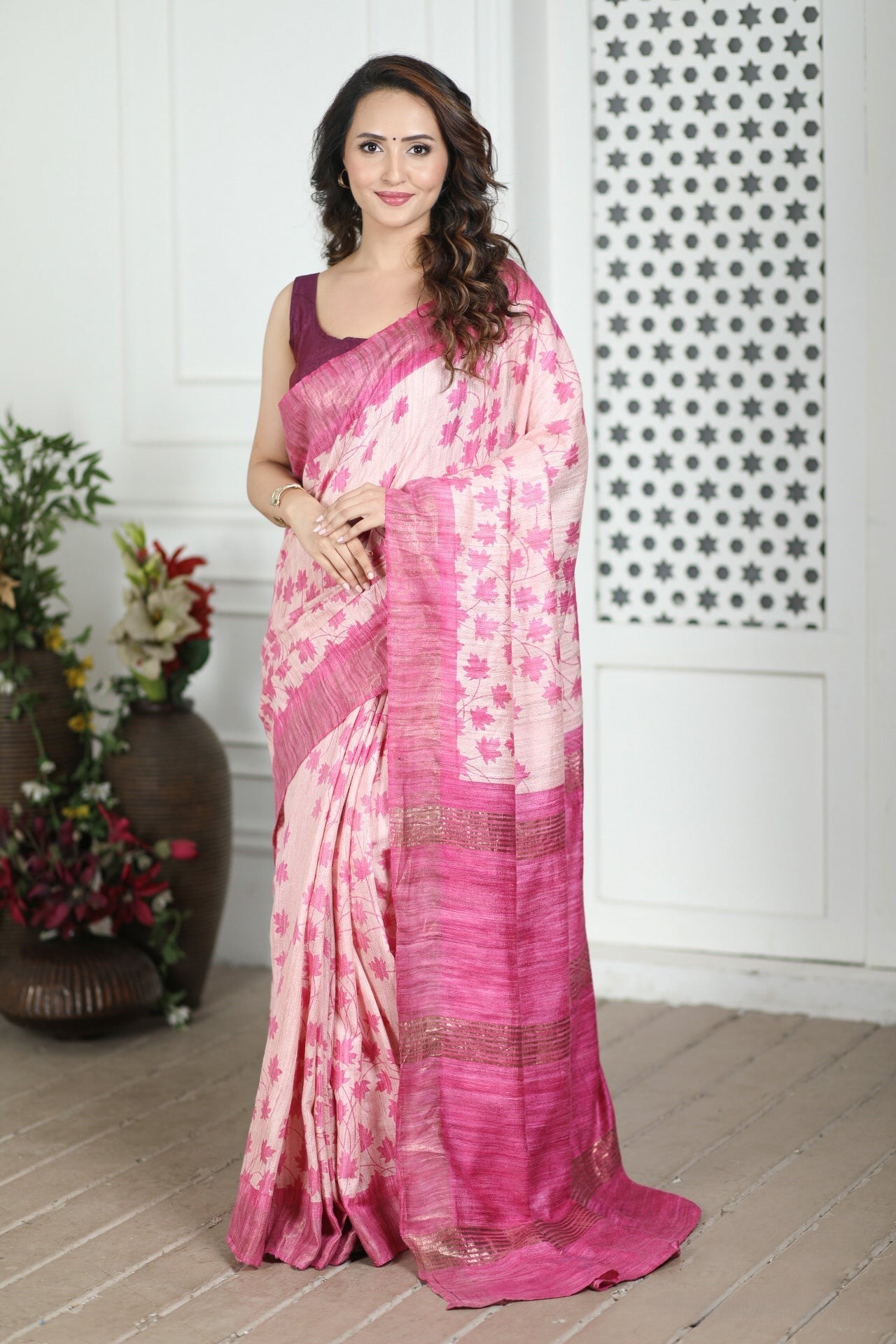 Soft Tussar Silk Saree with Ethnic Kalamkari Pattern and Designer Blouse Set