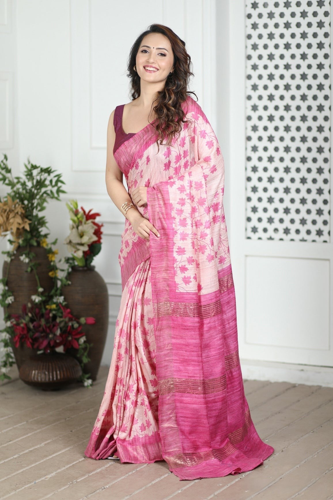 Soft Tussar Silk Saree with Ethnic Kalamkari Pattern and Designer Blouse Set