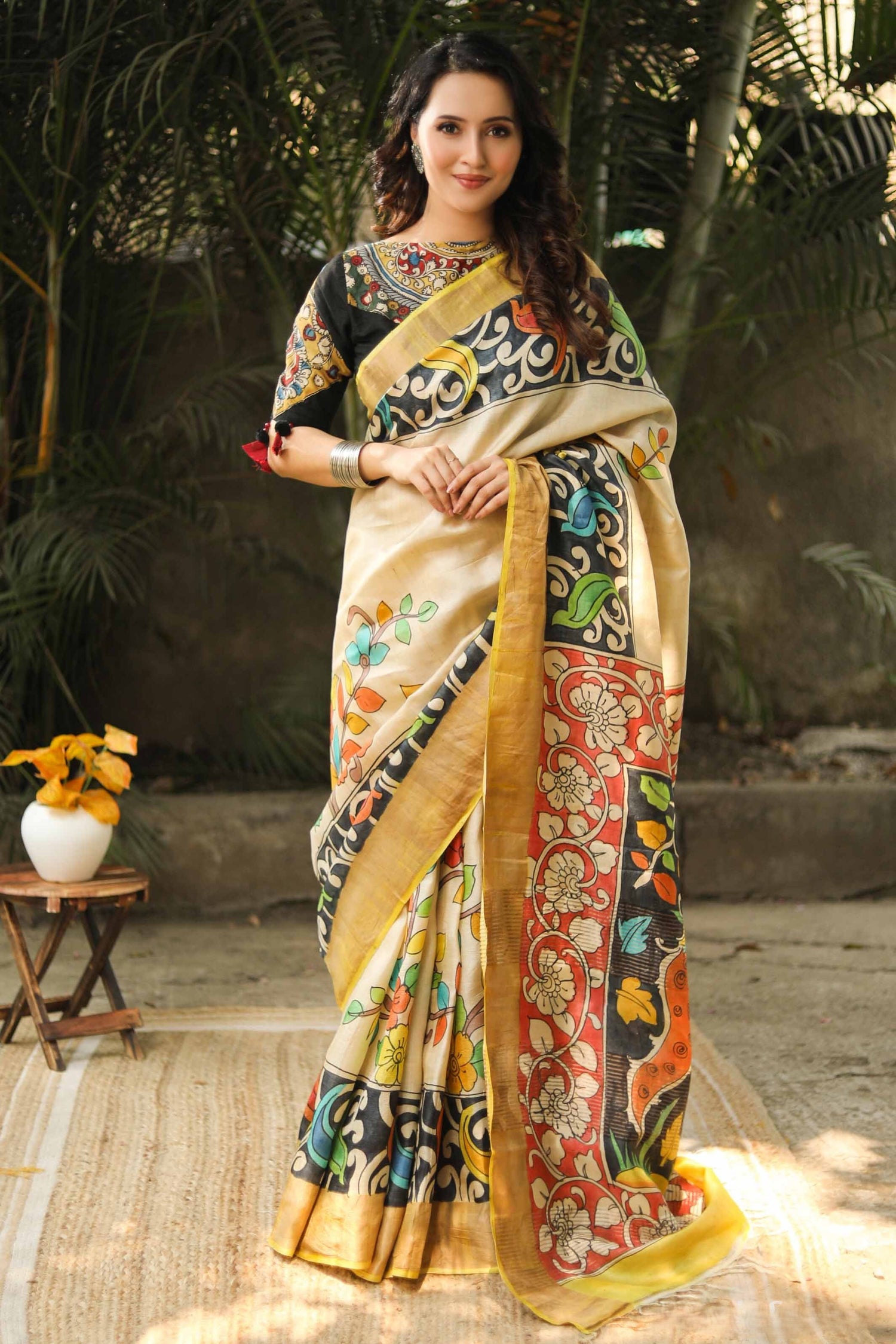 Tussar Silk Saree with Artistic Kalamkari Design And Trendy Blouse Fabric