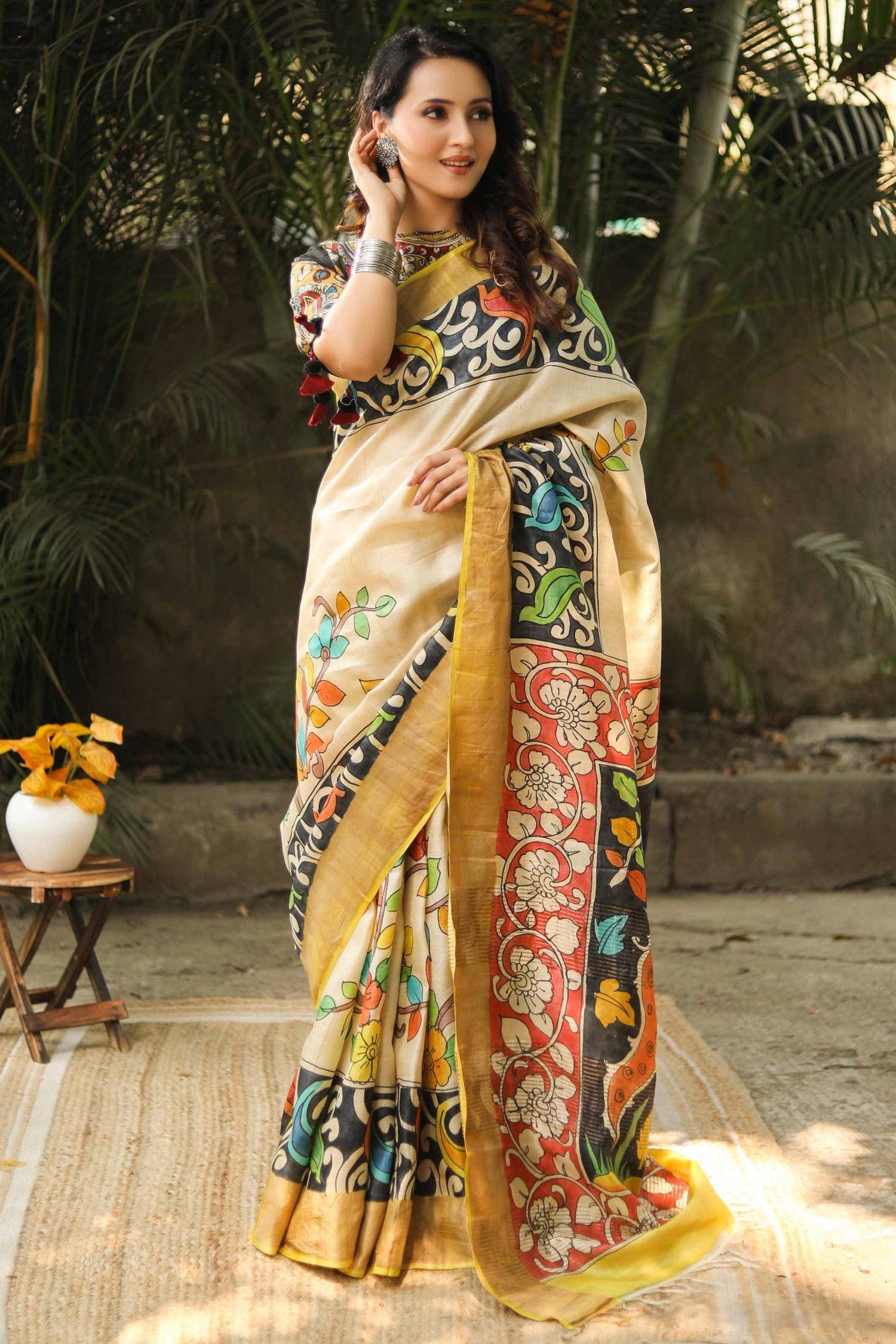Tussar Silk Saree with Artistic Kalamkari Design And Trendy Blouse Fabric