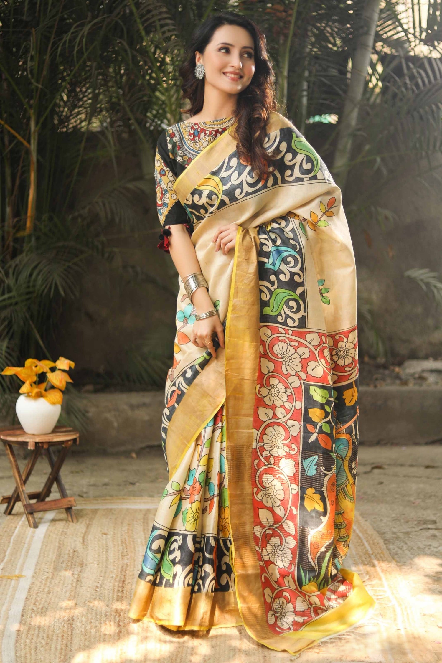 Tussar Silk Saree with Artistic Kalamkari Design And Trendy Blouse Fabric