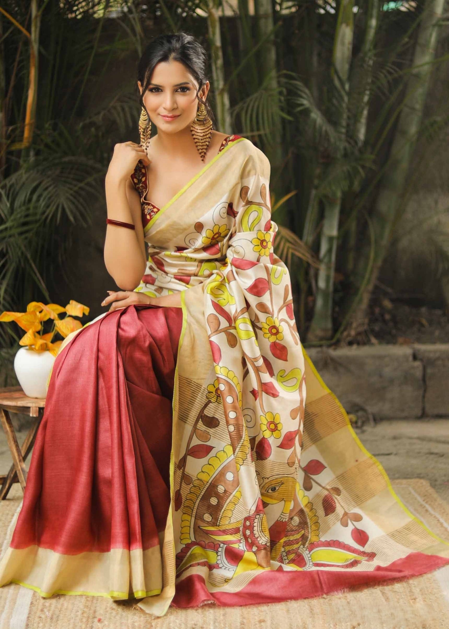 Designer Tussar Handloom Saree with Kalamkari Artwork and Stylish Blouse