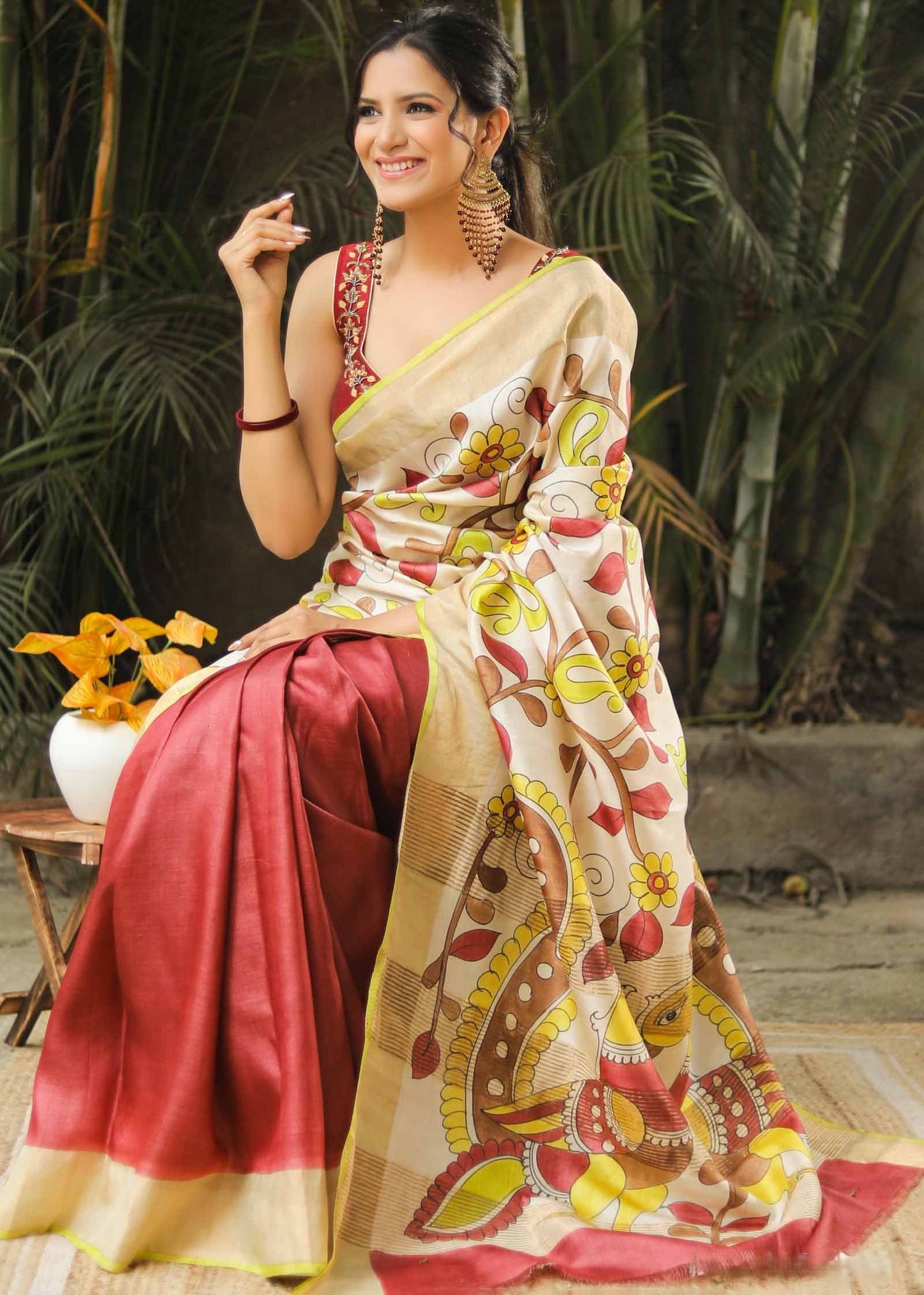 Designer Tussar Handloom Saree with Kalamkari Artwork and Stylish Blouse