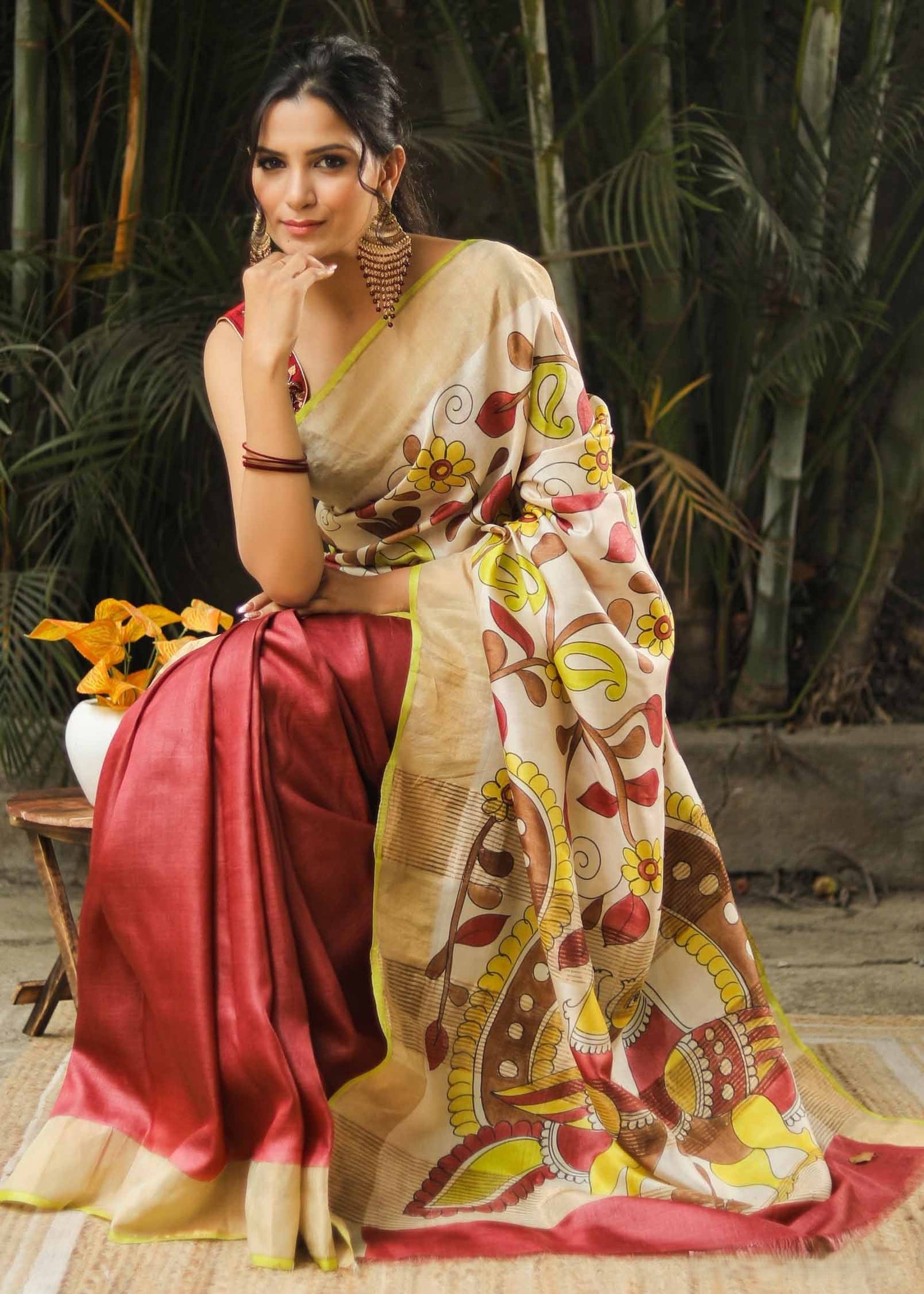 Designer Tussar Handloom Saree with Kalamkari Artwork and Stylish Blouse