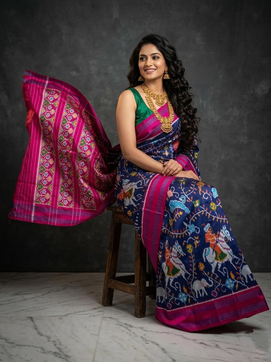 Navy Blue Barista Soft Silks Saree with Pink Floral Artistic Weaving