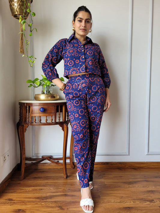 Navy Blue Pure Cotton Hand Block Print Co-ord Set with Balloon Sleeves