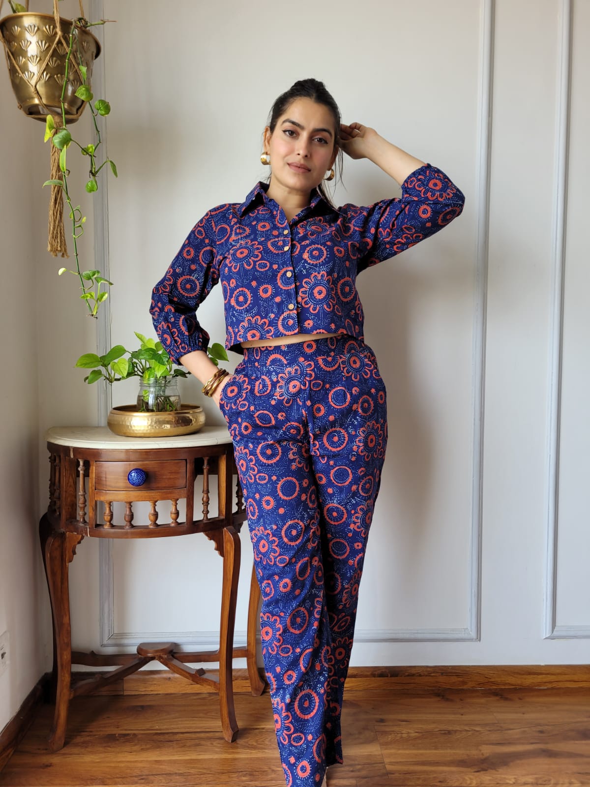 Navy Blue Pure Cotton Hand Block Print Co-ord Set with Balloon Sleeves