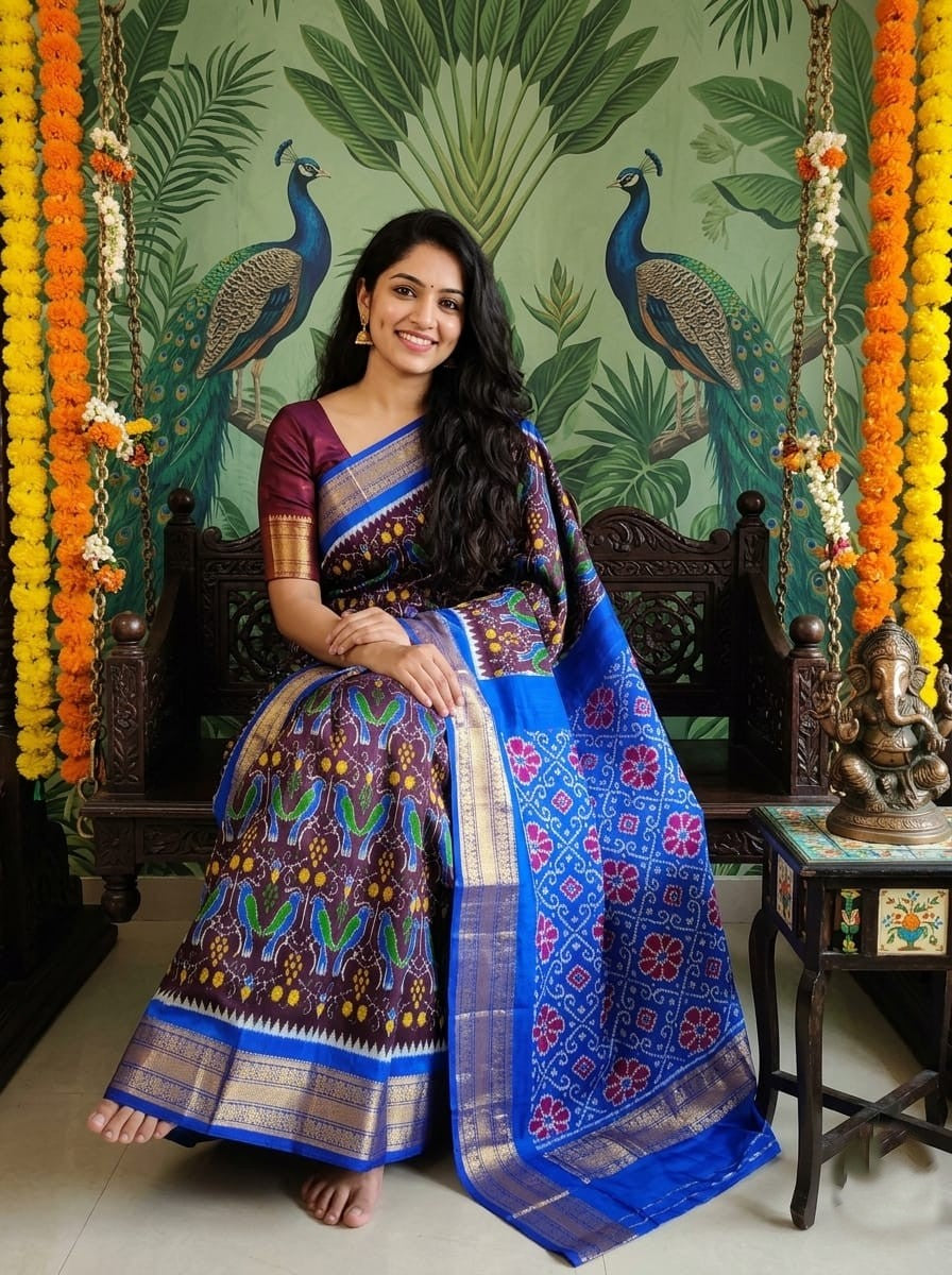 Navy Blue Handloom Pattu Silk Saree with Multicolor Designer Motif Weaving