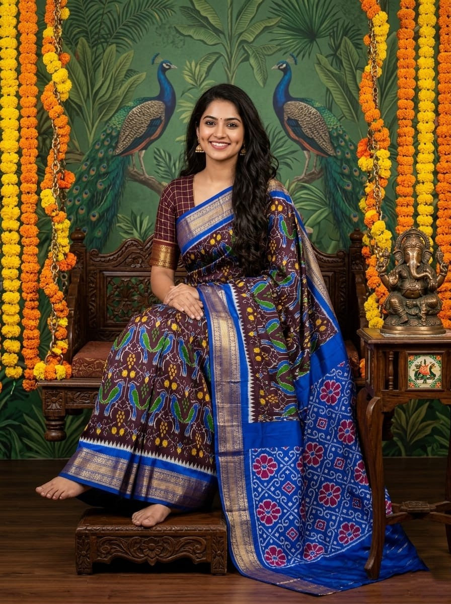 Navy Blue Handloom Pattu Silk Saree with Multicolor Traditional Motif Weaving