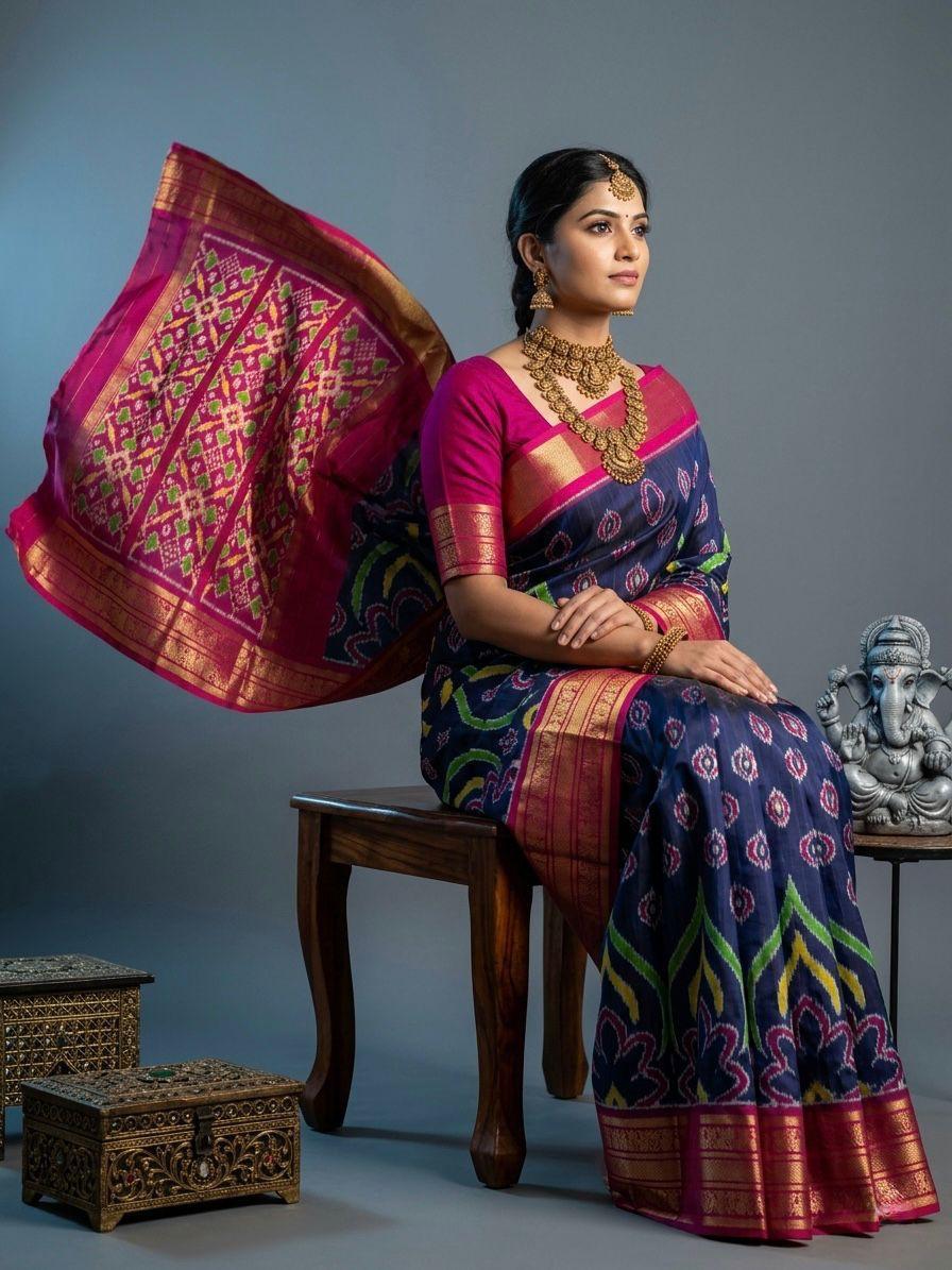 Navy Blue Handloom Pattu Silk Saree with Pink Traditional Woven Pallu