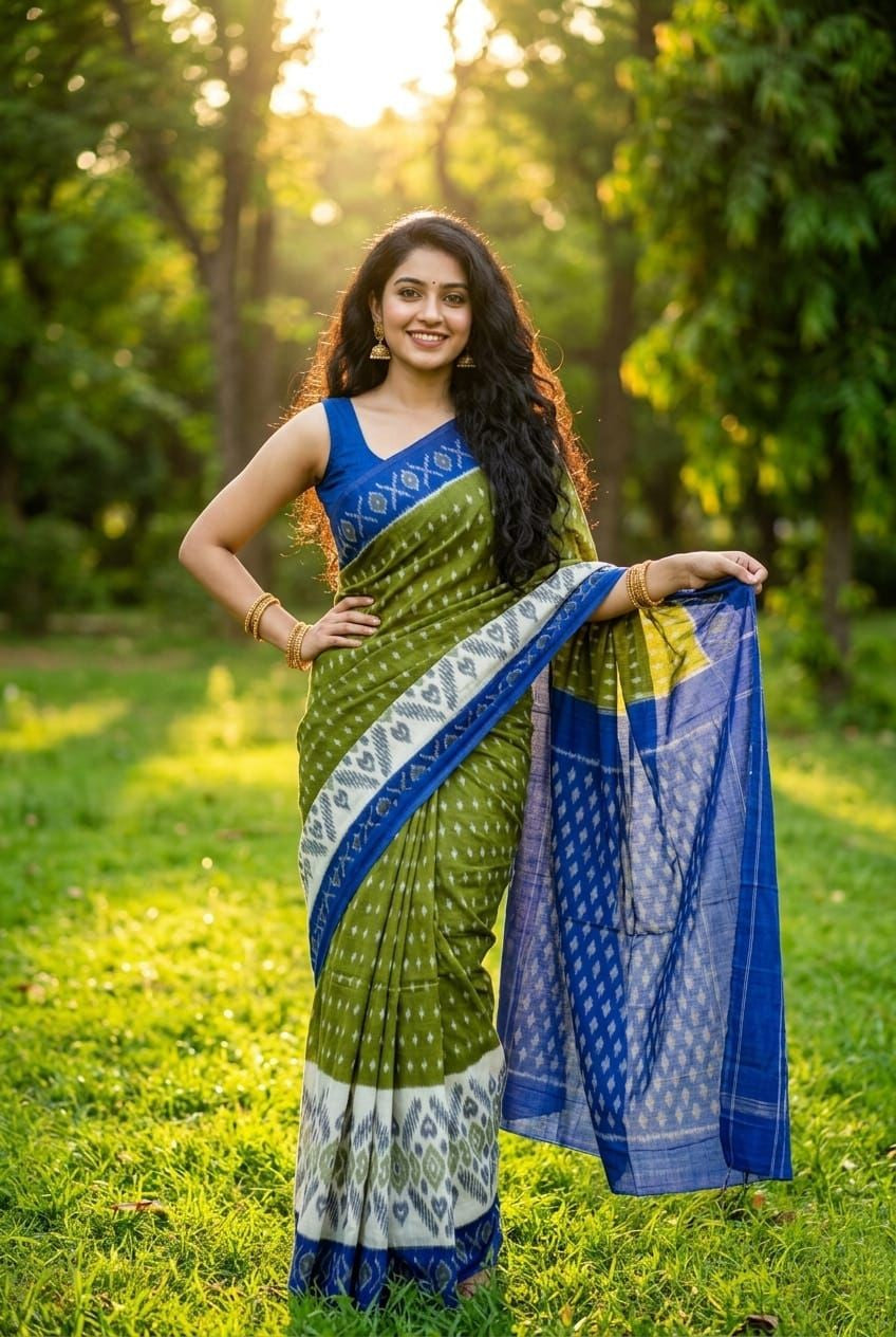 Navy Blue and White Handloom Linen Saree with Zari Pallu | Formal Ethnic Wear