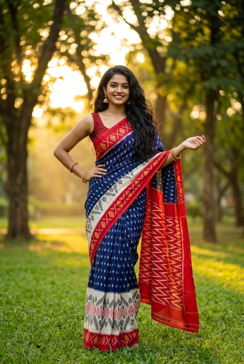 Navy and Red Ikat Linen Saree with Floral Print | Traditional Handloom Saree