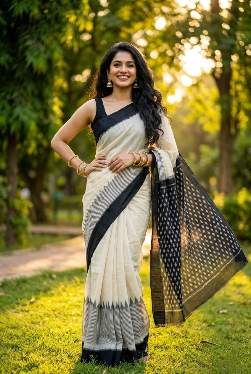 Off-White Linen Saree with Black Zari Dots | Minimalist Classic Festive Saree
