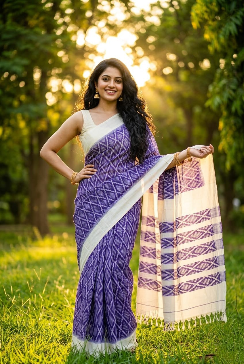 Off-White Linen Saree with Purple Print and Cream Pallu | Pastel Festive Wear