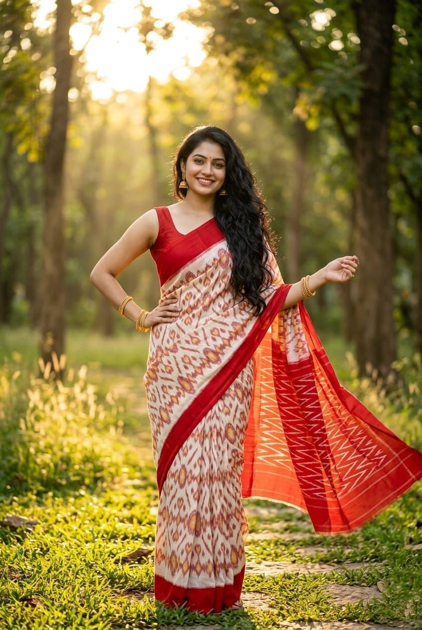 Off-White Printed Linen Saree with Red Border | Traditional Festive Drape