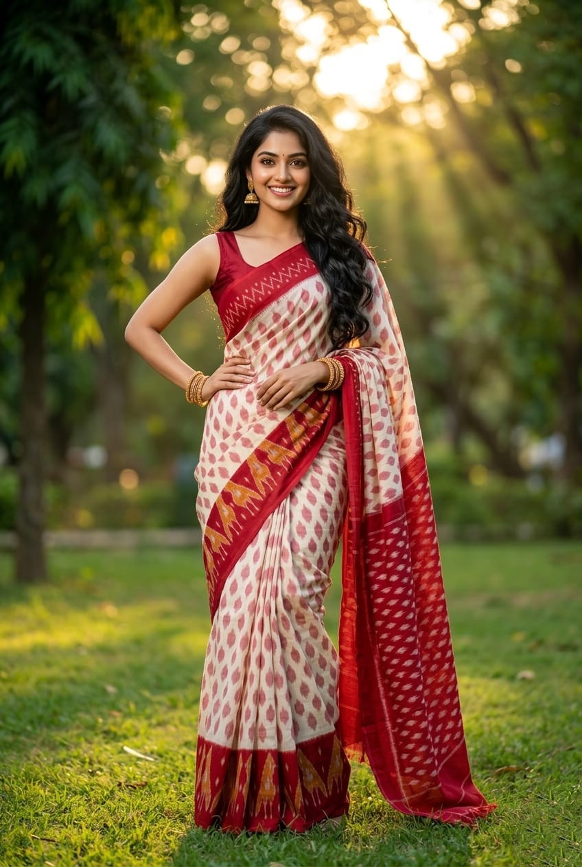 Off-White Printed Linen Saree with Red Zari Pallu | Festive Traditional Drape