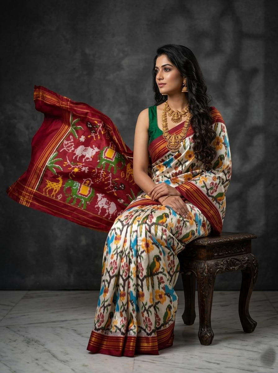 Off White Barista Soft Silks Saree with Multicolor Floral Printed Pallu