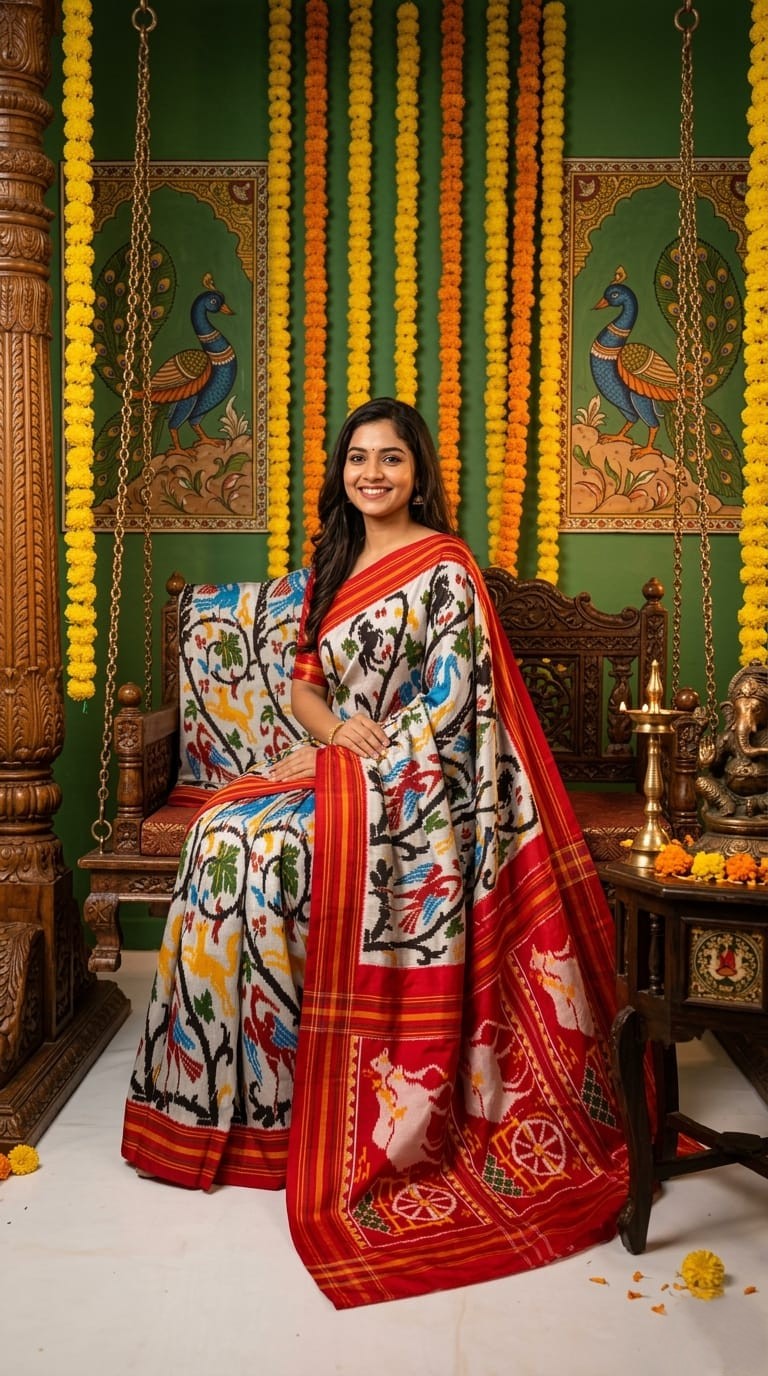 White Barista Soft Silks Saree with Red Artistic Printed Border