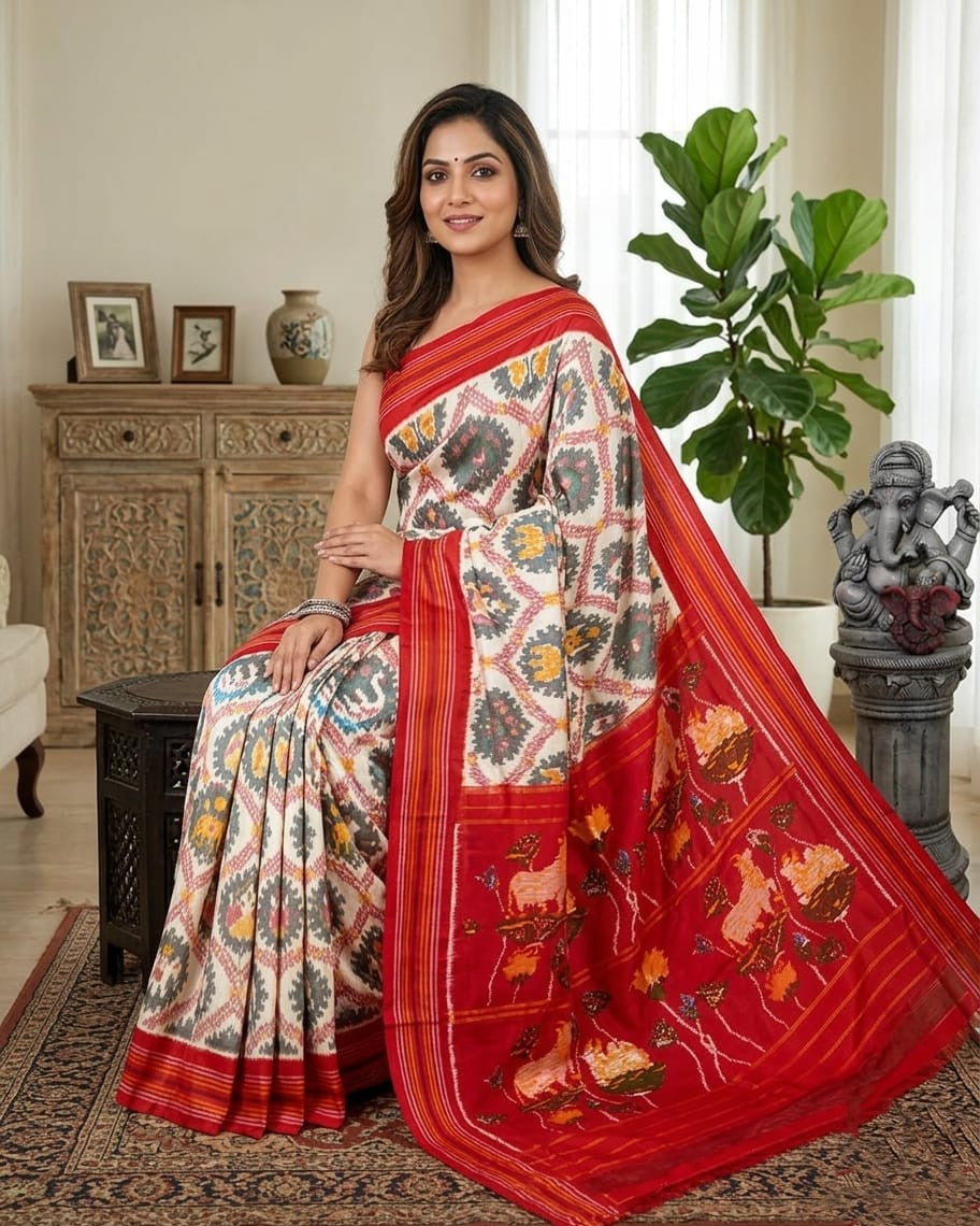Off White Barista Soft Silks Saree with Red Traditional Artistic Print