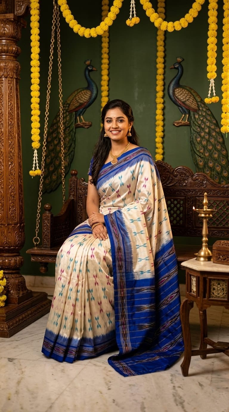 Off White Barista Soft Silks Saree with Royal Blue Traditional Border