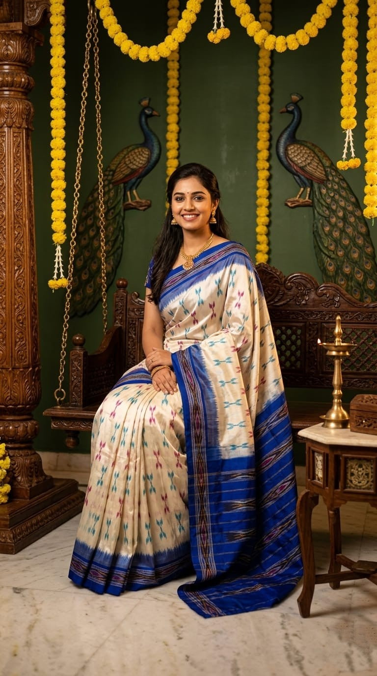 Off White Barista Soft Silks Saree with Royal Blue Traditional Border