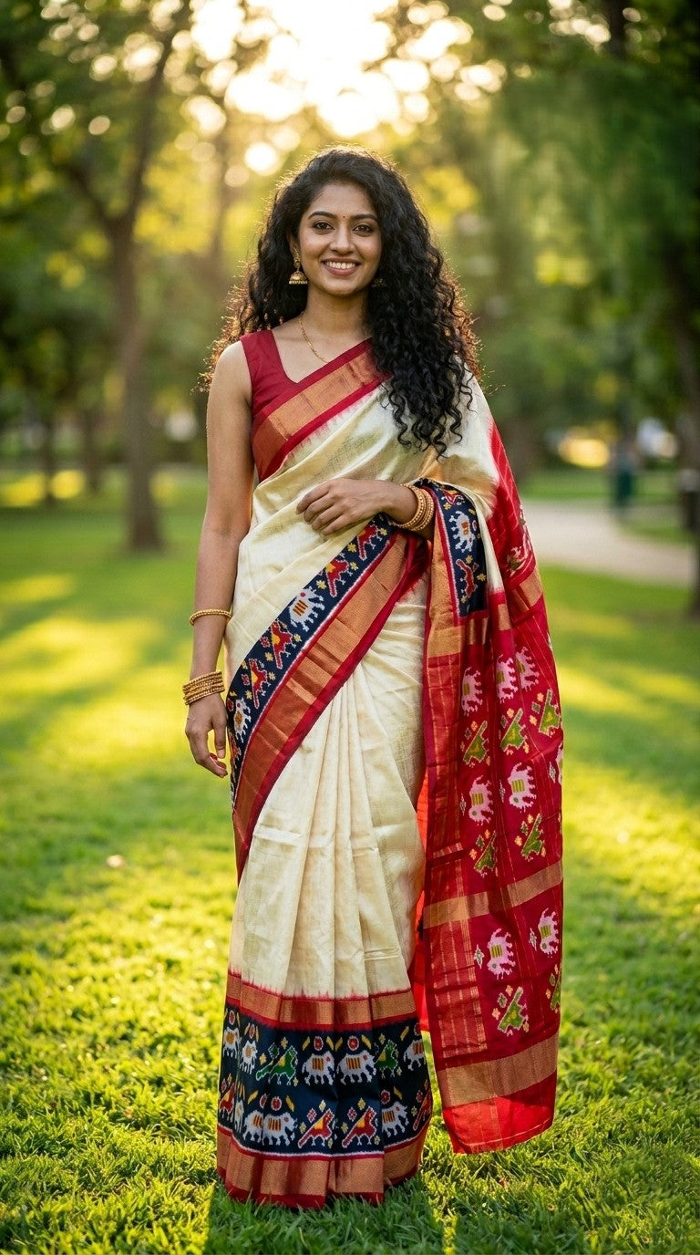 Off White Bentex Handloom Silk Saree with Red Traditional Zari Pallu