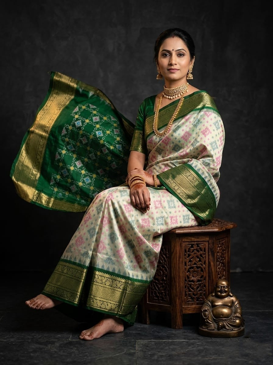 Off White Handloom Pattu Silk Saree with Green Traditional Temple Border