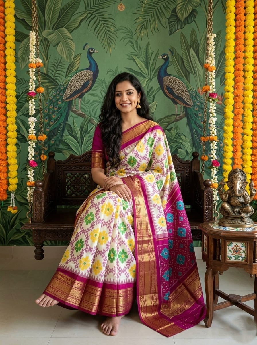 Off White Handloom Pattu Silk Saree with Multicolor Ethnic Printed Pallu