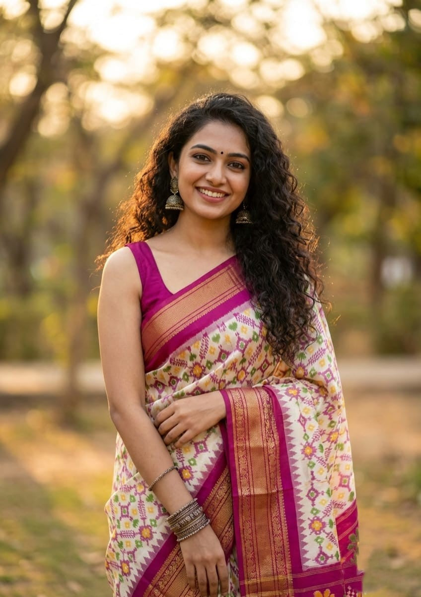 Off White Handloom Pattu Silk Saree with Pink Floral Ethnic Border