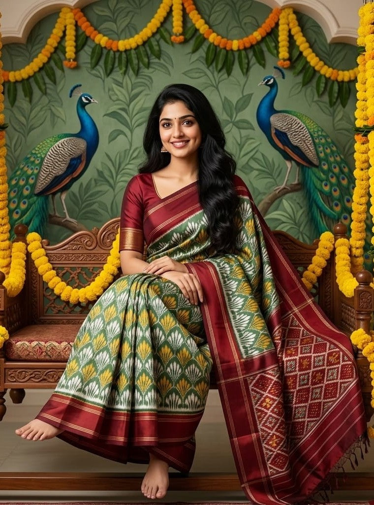 Olive Green Barista Soft Silks Saree with Maroon Traditional Border