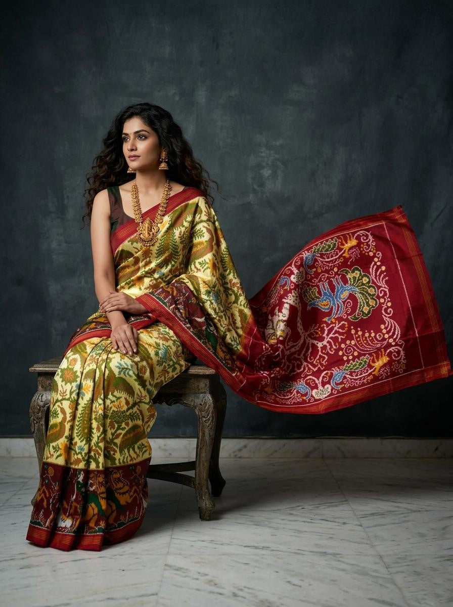 Olive Green Barista Soft Silks Saree with Red Traditional Floral Border
